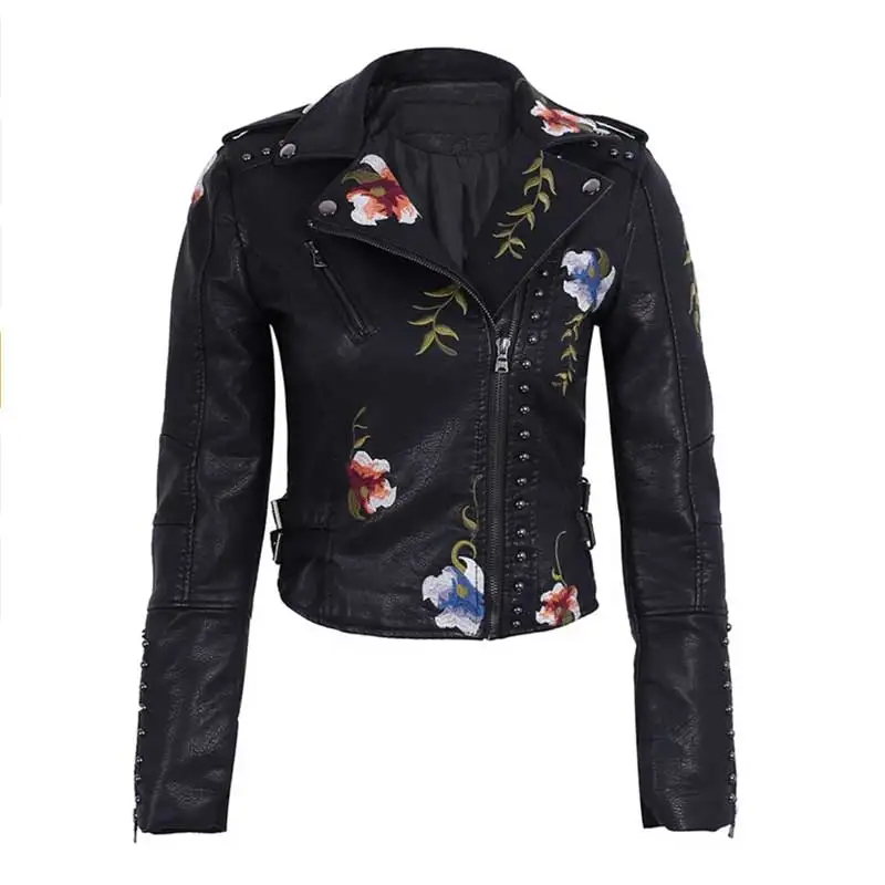 2021 Spring Autumn Flowers Embroidery Pu Leather Jacket Women Turn-down Collar Rivet Zipper Black Biker Coats Tops Clothes
2021 Spring Autumn Flowers Embroidery Pu Leather Jacket Women Turn-down Collar Rivet Zipper Black Biker Coats Tops Clothes