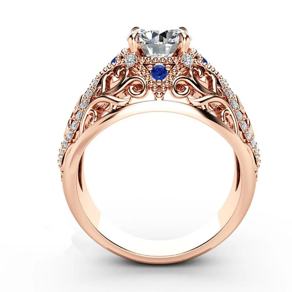 Modern Fashion Women Ring Luxury Noble Rose Gold Openwork Flowers With Blue Diamond Ladies Jewelry Hot Sale Best Gift | Украшения и