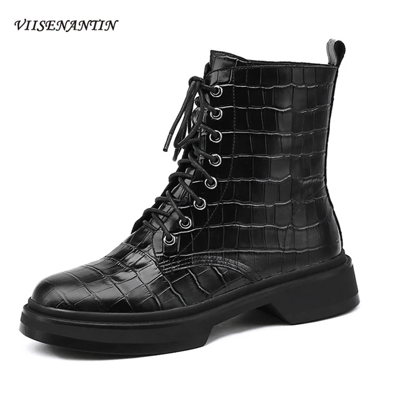 Fashion Stone Pattern Thick-soled Female Black Handsome Short Tube Lace-up Motorcycle Boots All Match Black Chunky Shoes Women
Fashion Stone Pattern Thick-soled Female Black Handsome Short Tube Lace-up Motorcycle Boots All Match Black Chunky Shoes Women