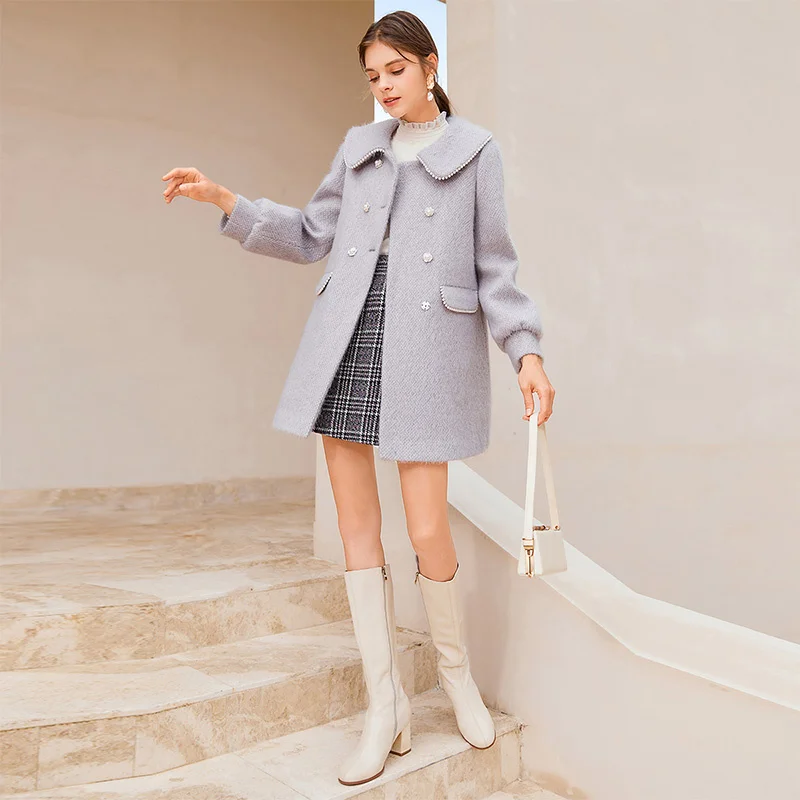 Wool Coat Women's Middle and Long Style 2021 Winter New Style Temperament Korean Doll Collar Purple Woolen Coat
Wool Coat Women's Middle and Long Style 2021 Winter New Style Temperament Korean Doll Collar Purple Woolen Coat