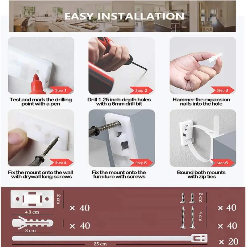 20 Packs Furniture Straps Baby Proofing Anti-Tip Furniture Straps kit, Falling Furniture Prevention Device 
20 Packs Furniture Straps Baby Proofing Anti-Tip Furniture Straps kit, Falling Furniture Prevention Device