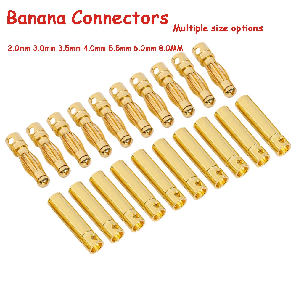 

10pair/lot 2.0mm 3.0mm 3.5mm 4.0mm 5.0mm 5.5mm 6.0mm 6.5mm 8.0MM Gold Bullet Banana Connector plug for ESC Lipo RC battery Motor