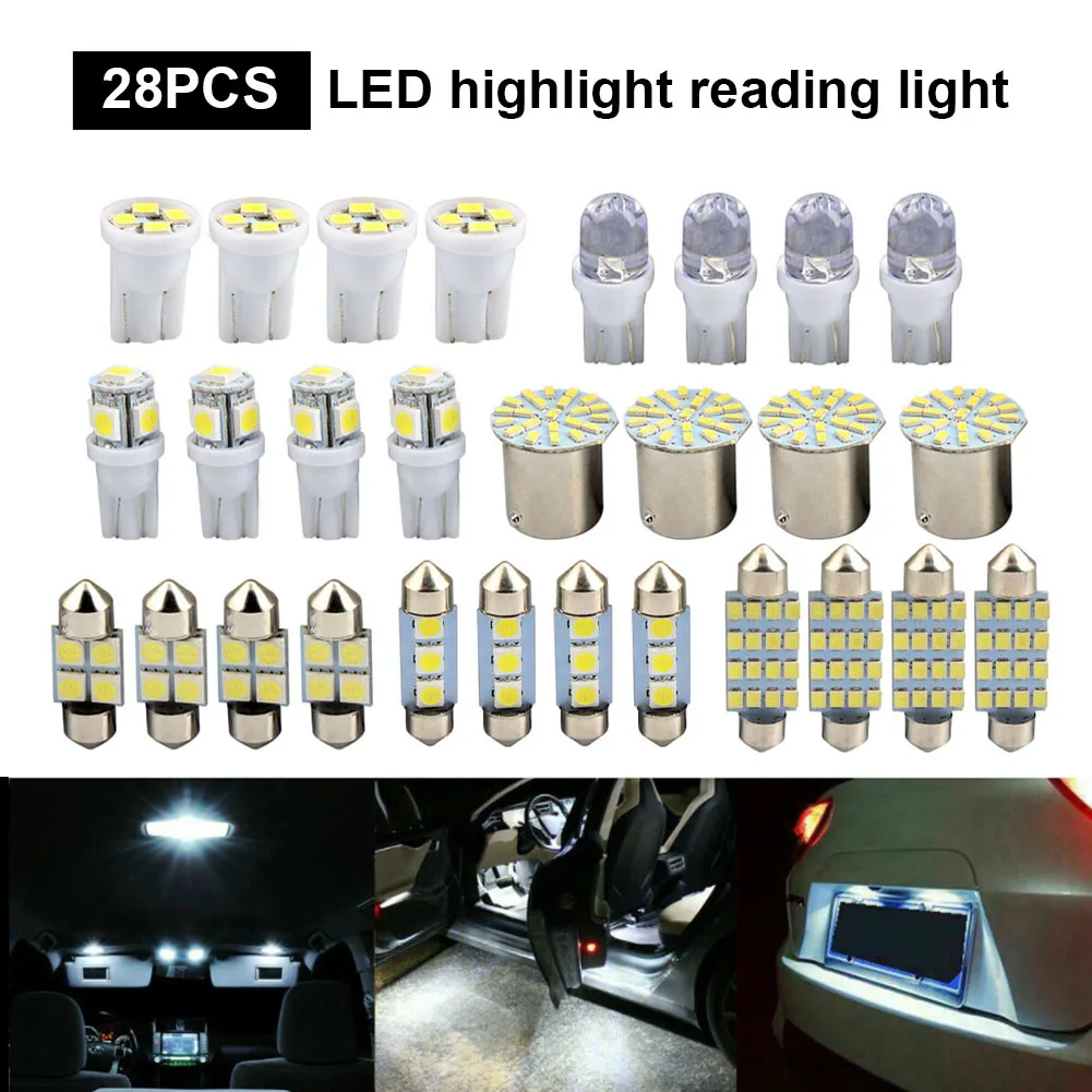 

28pcs Universal T10 Car LED Light Bulb White Car Interior Dome License Plate Festoon Map Reading Light Mixed Lamp Set