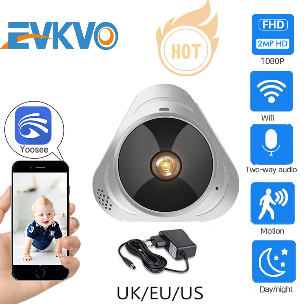 Панорамная IP камера EVKVO с Wi Fi 360 градусов рыбий глаз 1080P HD|Камеры видеонаблюдения| |