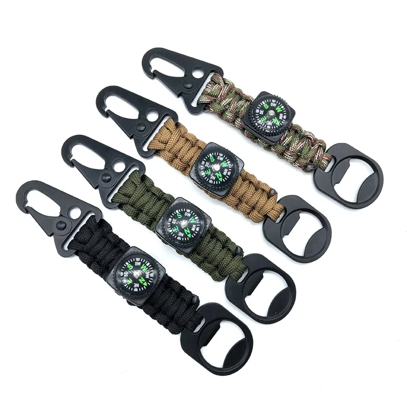 

Outdoor Multifunctional Compass Olecranon Bottle Opener Carabiner Key Chains Seven-core Umbrella Rope Hand-woven Keychain Gifts