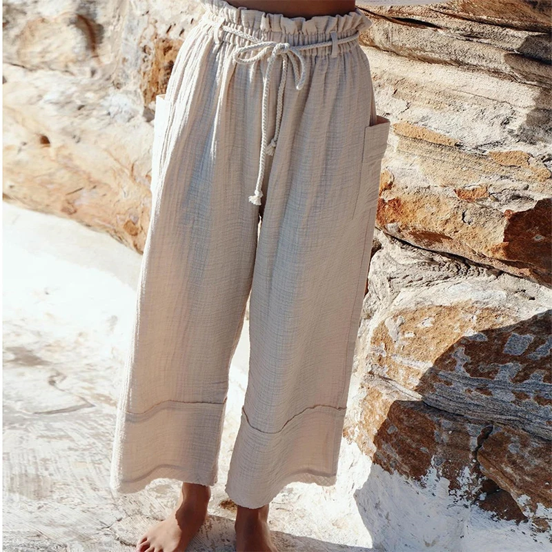 Autumn Casual Cotton Linen Womens Cropped Trousers Fashion Solid Lace-Up Loose Pants Spring Ladies Elegant Loose Wide Leg Pants
Autumn Casual Cotton Linen Womens Cropped Trousers Fashion Solid Lace-Up Loose Pants Spring Ladies Elegant Loose Wide Leg Pants