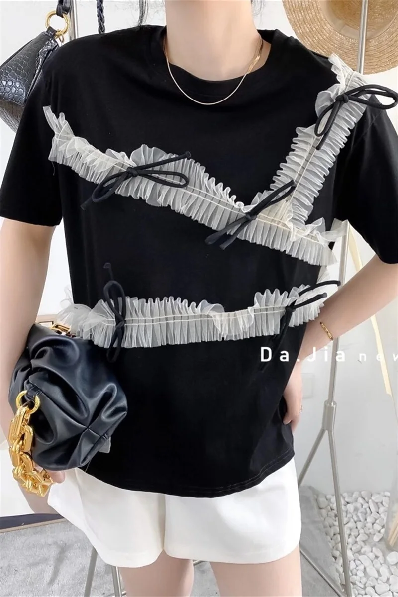 2021 Summer New Fashion Mesh Stitching Ruffled Loose Short-Sleeved T-shirt Top for Women All-match Slimming Solid Color Top
2021 Summer New Fashion Mesh Stitching Ruffled Loose Short-Sleeved T-shirt Top for Women All-match Slimming Solid Color Top