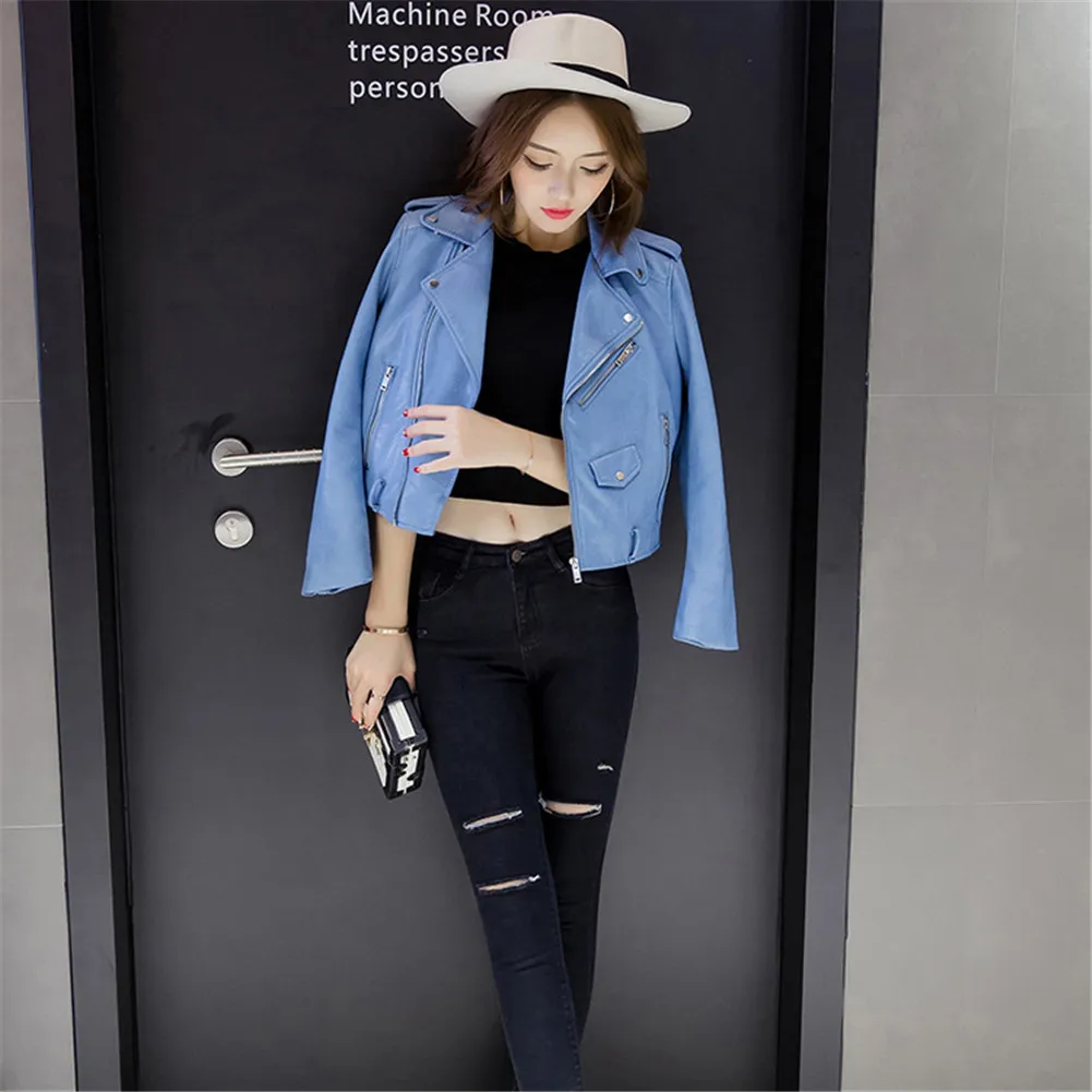 Женская кожаная куртка Ladyfirsy 2019 осенняя трендовая тонкая с отворотом карамельных
