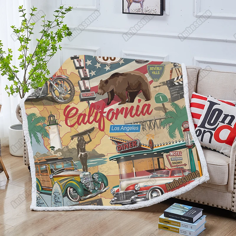 

Custom Vintage California Poster with Tourist Attractions on Map Throw Blanket for Sofa Sherpa Blanket Bed Blankets Plush Mantas