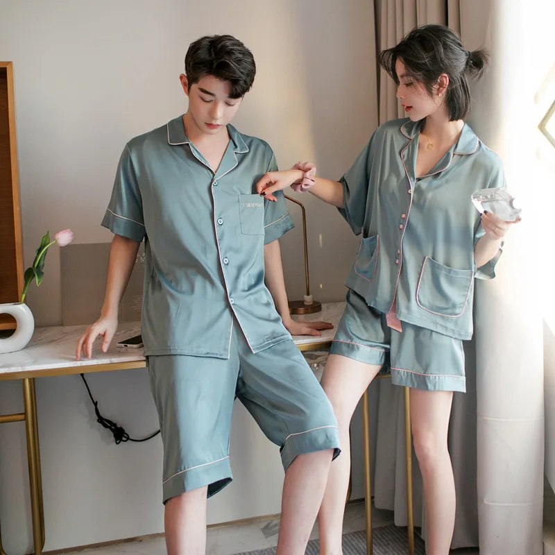 Summer Silk Couples Pajamas Set Short Sleeve With Pocket Shorts Sleepwear Men and Women Loose Style Home Suit Pjs | Мужская одежда