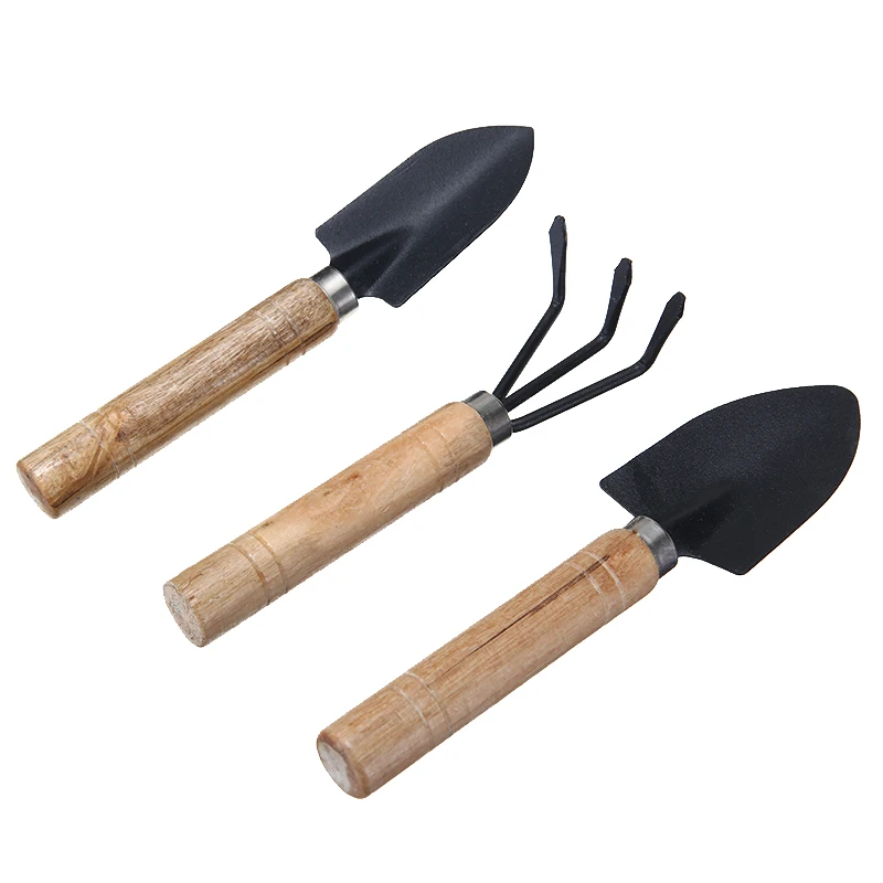 

3Pcs Mini Garden Hand Tool Kit Plant Gardening Shovel Spade Rake With Wood Handle Metal Head For Digging Transplanting