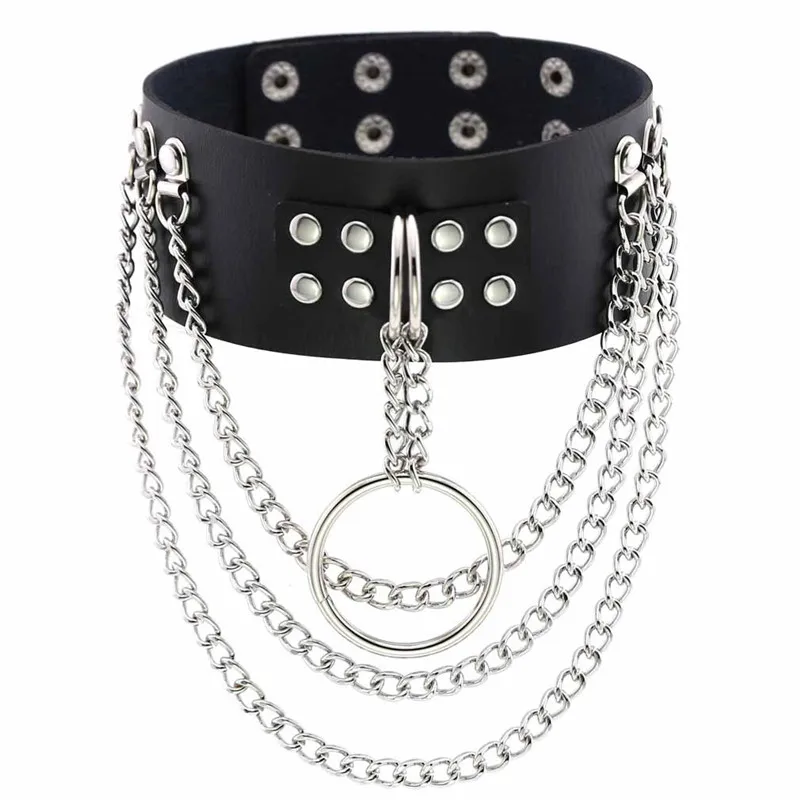 

Punk Layered Chain necklace Punk Choker Collar Goth Pendant Necklace Women Black Pu Leather Gothic Bondage Chocker Jewelry