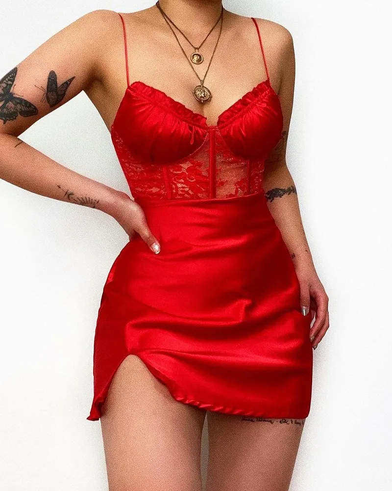 New Fashion Women's Contrast Lace Frill Hem Slit Cami Mini Dress Female Casual Dresses
New Fashion Women's Contrast Lace Frill Hem Slit Cami Mini Dress Female Casual Dresses