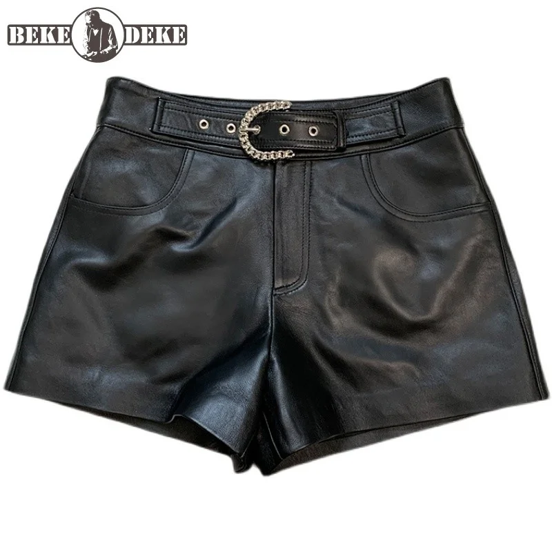 Punk Black Genuine Leather High Waist Shorts Women Belt Buckle Straight Wide Leg Casual Mini Trousers Female Sheepskin Shorts
Punk Black Genuine Leather High Waist Shorts Women Belt Buckle Straight Wide Leg Casual Mini Trousers Female Sheepskin Shorts