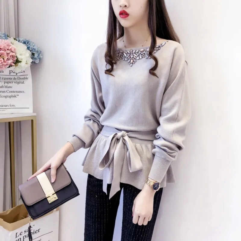 Ladies Fashion Long Sleeve Drawstring Waist Womens Knitting Pullovers Autumn Winter Euro Diamonds Female Solid Slim Fit Sweaters
Ladies Fashion Long Sleeve Drawstring Waist Womens Knitting Pullovers Autumn Winter Euro Diamonds Female Solid Slim Fit Sweaters