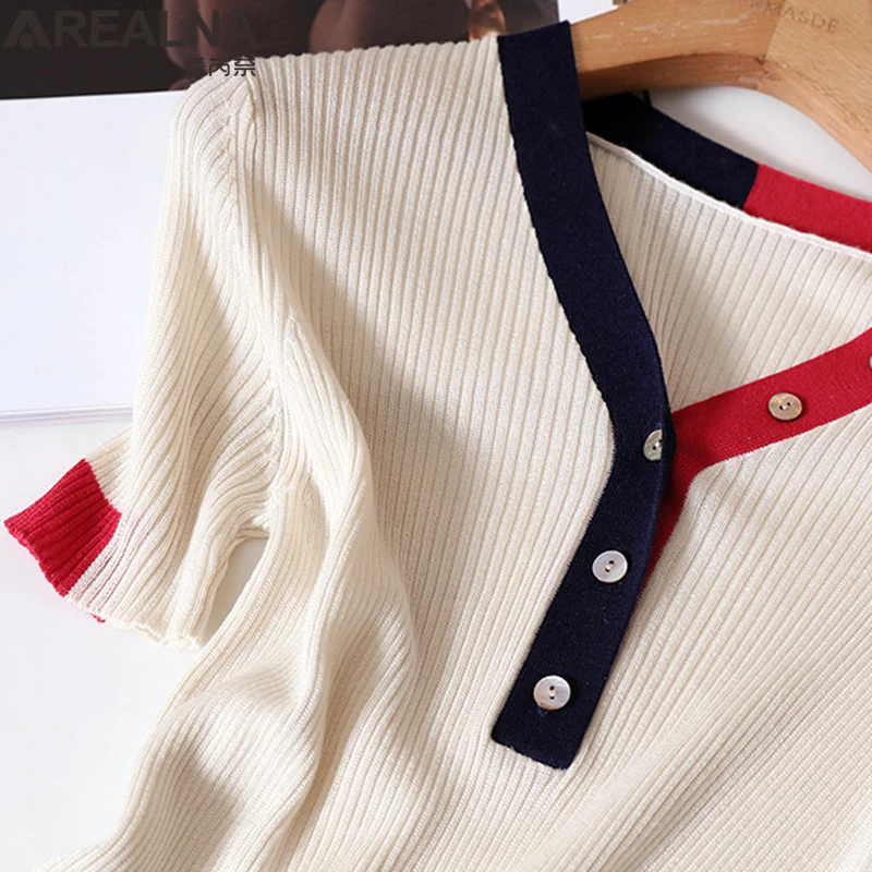 Chic Patchwork Knitted T Shirt Women Stitch Short Sleeve Woman Top 2021 Summer Basic Tee Shirt Chemise Femme Camisetas De Mujer
Chic Patchwork Knitted T Shirt Women Stitch Short Sleeve Woman Top 2021 Summer Basic Tee Shirt Chemise Femme Camisetas De Mujer