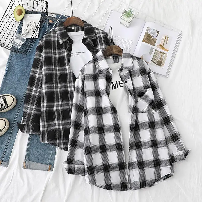 Women‘s Cotton Tops And Blouses Long Sleeve Spring And Autumn Ladies Plaid Loose Boyfriend Style Shirt
Women‘s Cotton Tops And Blouses Long Sleeve Spring And Autumn Ladies Plaid Loose Boyfriend Style Shirt