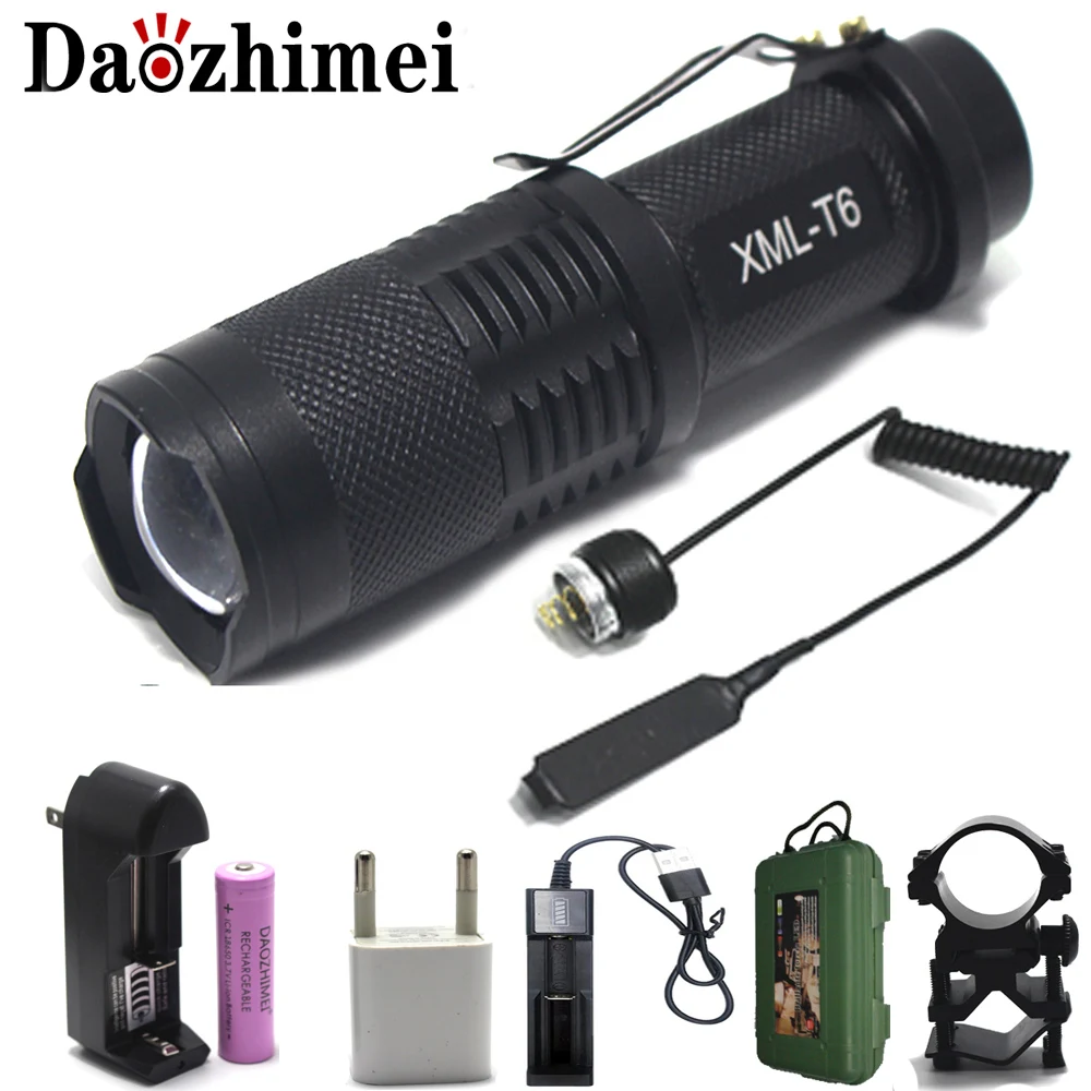 

High Power XM-L T6 Aluminum 5-Mode Zoomable Flashlights waterproof Fishing Torches use 18650 battery + USB Charger + Gift box
