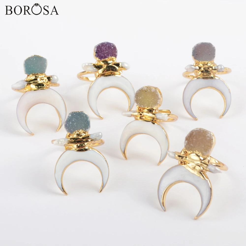 

BOROSA 5Pcs Boho Gold Plating White Shell Crescent Women Rings Handmade Natural Agates Druzy Adjustable Rings Girls Gifts G1861