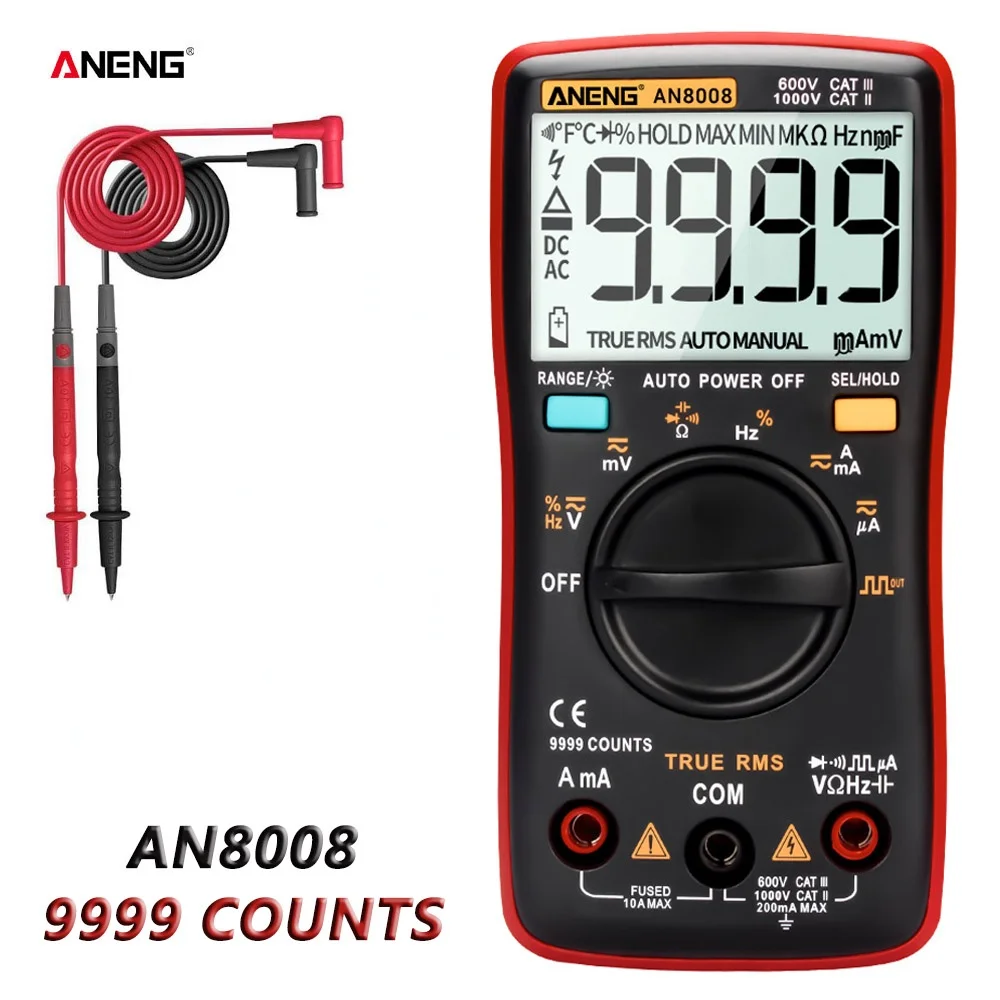 

ANENG AN8008 Digital Multimeter 9999 Counts DC/AC Voltage Current Tester Transistor True RMS rm409b Auto Capacitance Meter