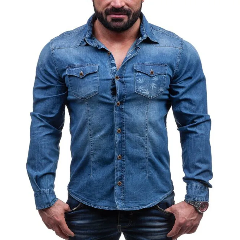 New denim shirt with solid leaf printed pocket trim for men's long-sleeved shirt 3302
New denim shirt with solid leaf printed pocket trim for men's long-sleeved shirt 3302