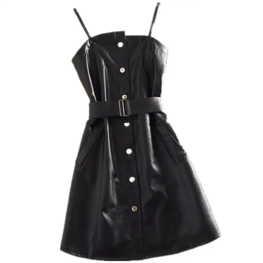 2021 Spring casual pu leather sleeveless dress women spaghetti strap slim single breasted a-line dress
2021 Spring casual pu leather sleeveless dress women spaghetti strap slim single breasted a-line dress