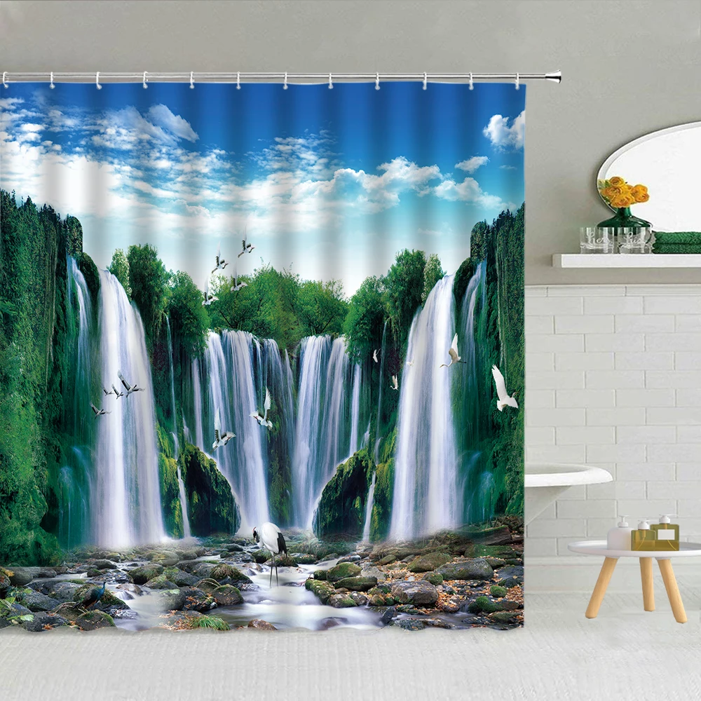 

Chinese Waterfall Natural Scenery Shower Curtain Blue Lake Green Plants Bird Spring Landscape Bathroom Decor Backdrop Curtains