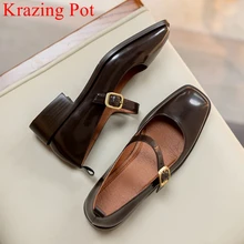 Krazing Pot 2023 Genuine Leather Square Toe Med Heel Spring Shoes Mature Sweet Dating Buckle Strap Mary Janes Women Pumps L3f4