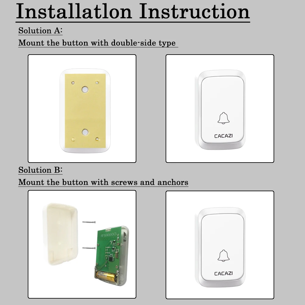 CACAZI Wireless Doorbell DC battery-operated 1 2 Button 1 2 3 Receiver 300M Remote Smart Waterproof Cordless Doorbell 36 chimes
CACAZI Wireless Doorbell DC battery-operated 1 2 Button 1 2 3 Receiver 300M Remote Smart Waterproof Cordless Doorbell 36 chimes