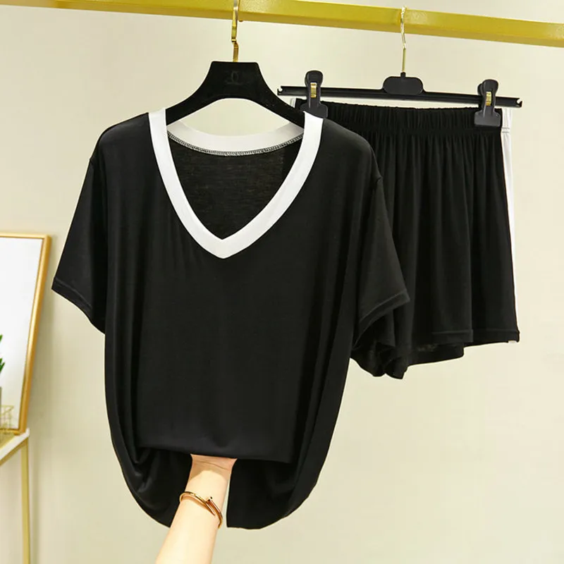 Modal V-neck top contrast color pajamas women summer suit short-sleeved shorts home service loose large size sports
Modal V-neck top contrast color pajamas women summer suit short-sleeved shorts home service loose large size sports