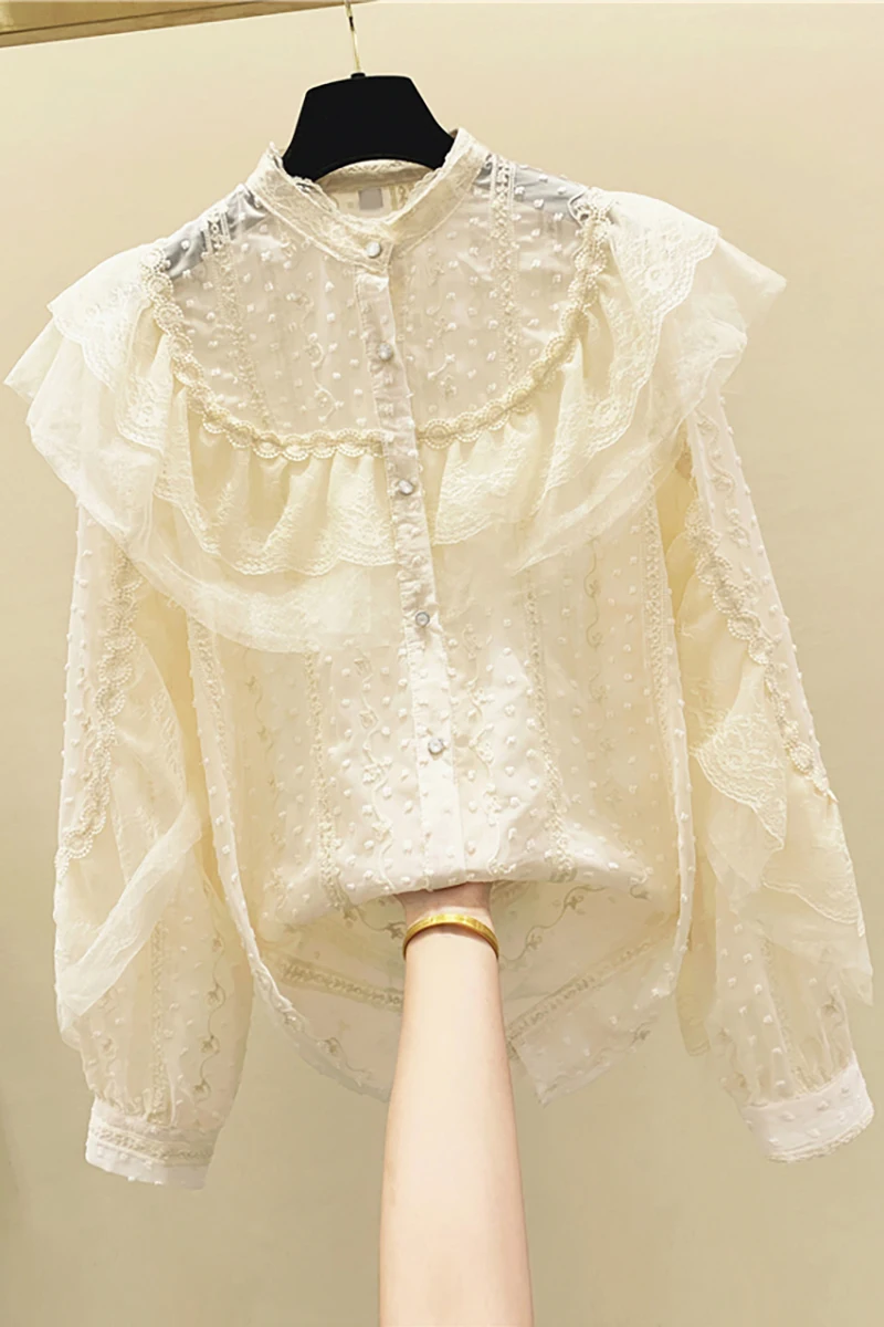 Apricot Chiffon Blouse Womab 2020 Autumn Ruffled Lace Mesh Stitching Chiffon Shirt Long Sleeve Stand Collar Shirts Lady's Tops
Apricot Chiffon Blouse Womab 2020 Autumn Ruffled Lace Mesh Stitching Chiffon Shirt Long Sleeve Stand Collar Shirts Lady's Tops