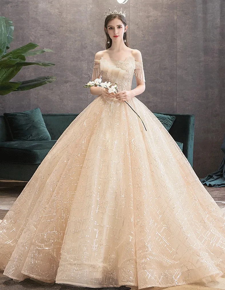 Champagen Off the Shoulder Beading Tassel Sleeves Luxury Wedding Dress 2020 New Princess Bridal Gowns Vestidos de Noiva
Champagen Off the Shoulder Beading Tassel Sleeves Luxury Wedding Dress 2020 New Princess Bridal Gowns Vestidos de Noiva