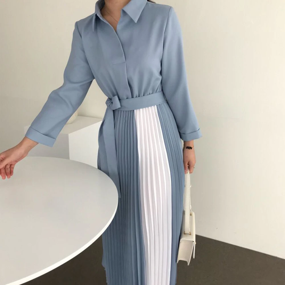 Color Block Pleated Office Dress Women Turn-Down Collar Elegant 2021 Spring Autumn Long Dresses with Belt Korean Japanese Casual
Color Block Pleated Office Dress Women Turn-Down Collar Elegant 2021 Spring Autumn Long Dresses with Belt Korean Japanese Casual