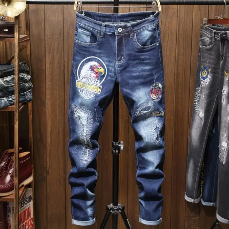 Hot sale straight stretch jeans mens original design pants ripped patch embroidered men's embroidered trousers
Hot sale straight stretch jeans mens original design pants ripped patch embroidered men's embroidered trousers