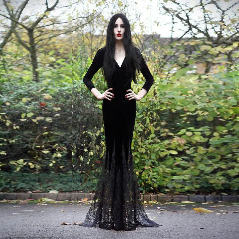 Женский готический костюм в стиле Хэллоуин Morticia adслум привидение ведьма
