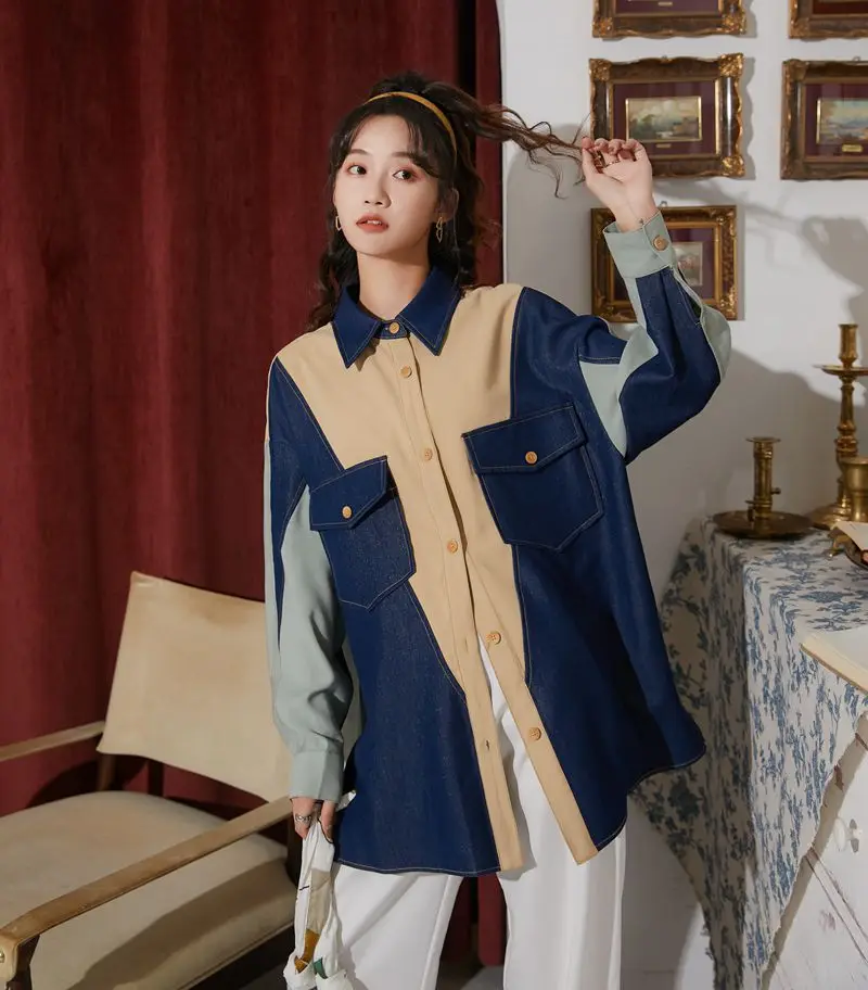 French denim stitching shirt 2021new design sense niche mid-length shirt women spring lapel casual long-sleeved shirt womenloose
French denim stitching shirt 2021new design sense niche mid-length shirt women spring lapel casual long-sleeved shirt womenloose