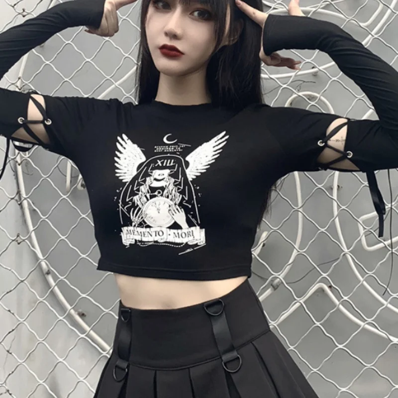 Sexy Women Black Lace Up Slim Long Sleeve Crop Tops Gothic Harajuku Printing Punk Solid Y2k Tops Female Casual Streetwear
Sexy Women Black Lace Up Slim Long Sleeve Crop Tops Gothic Harajuku Printing Punk Solid Y2k Tops Female Casual Streetwear