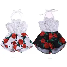 Summer 0-3Y Infant Baby Girl Romper Sleeveless Belt Lace Flowers Print Jumpsuit Sunsuit Outfits Clothes