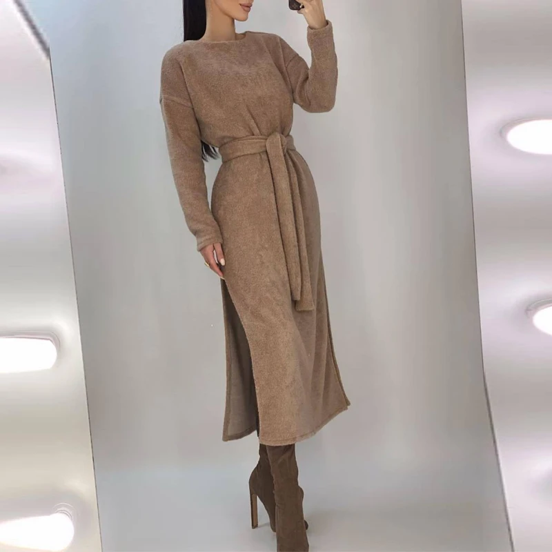 Women Solid O-neck Long Dress Autumn Sexy Elegant Side Split Belted Plush Dress Winter Fashion Long Sleeve Office Lady Dresses
Women Solid O-neck Long Dress Autumn Sexy Elegant Side Split Belted Plush Dress Winter Fashion Long Sleeve Office Lady Dresses