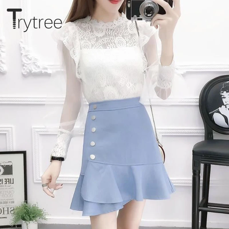 Trytree 2021 Spring Summer Two piece set Casual Lace Mesh Lantern Sleeve Shirt + Zip Ruffled Hem Mini Skirt Sweet 2 Piece Set
Trytree 2021 Spring Summer Two piece set Casual Lace Mesh Lantern Sleeve Shirt + Zip Ruffled Hem Mini Skirt Sweet 2 Piece Set