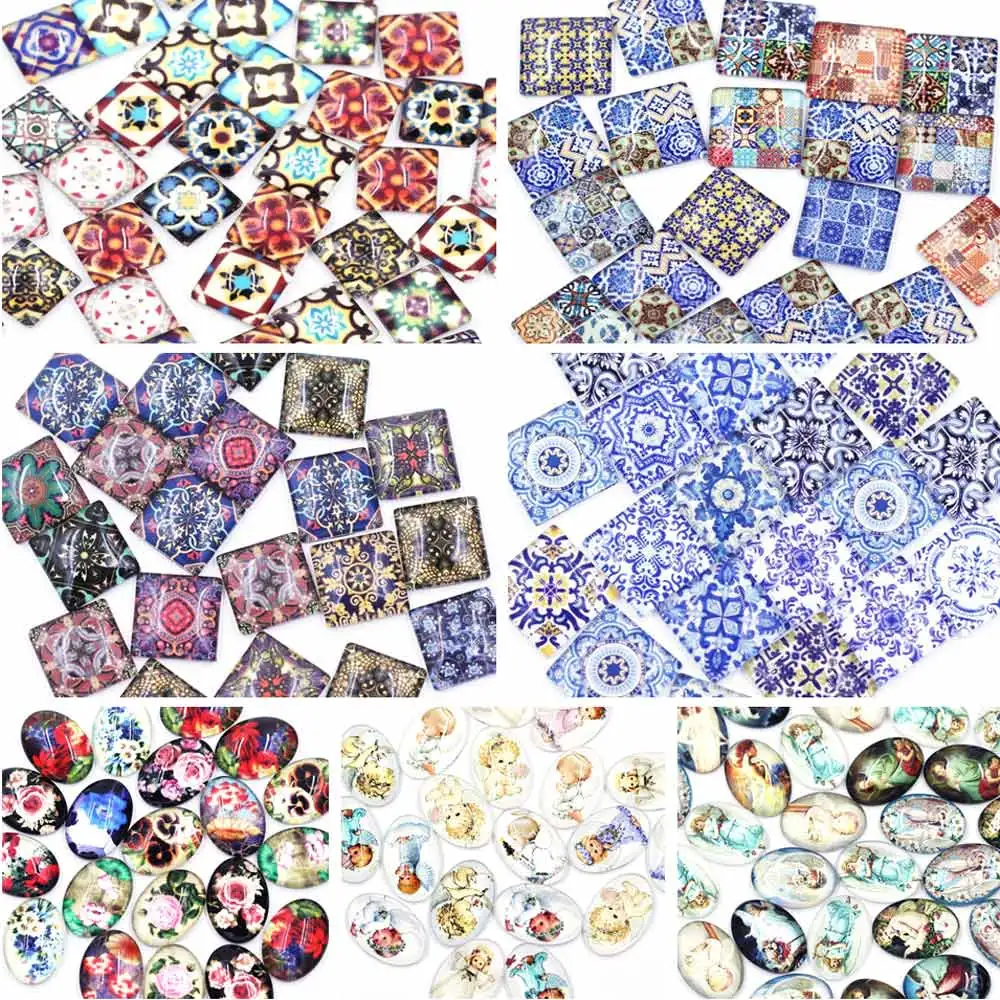 10Pcs Cabochons Cameo Flat Back Photo Base Glass Oval Square Cat Eyes Deer Elephant Flower For Jewelry Making DIY Findings | Украшения и