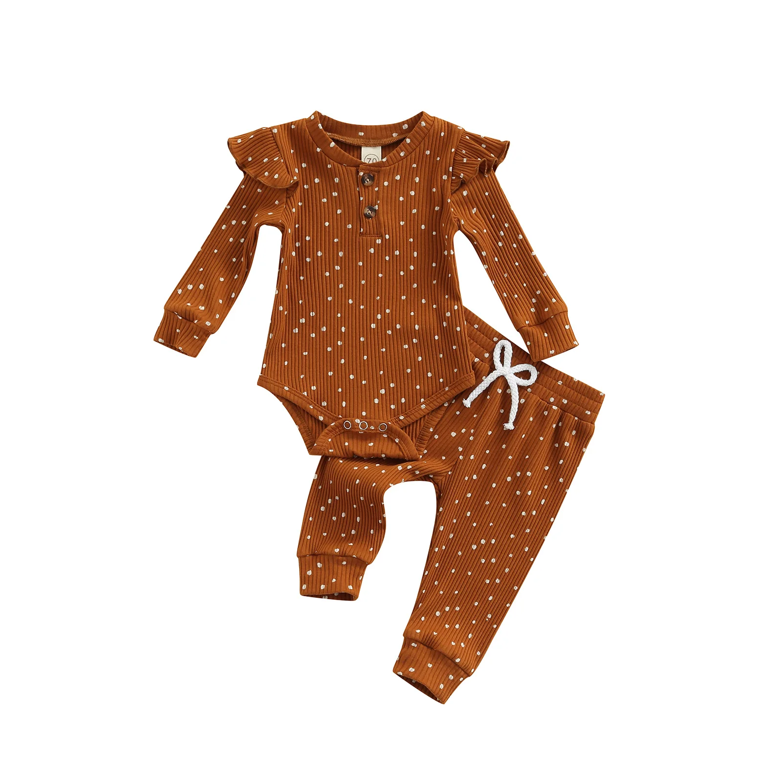 Baby 2-Piece Suit, Long Sleeve Knitting Bodysuit Dot Print Tops Casual Jogger Drawstring Trousers, Yellowish Brown 
Baby 2-Piece Suit, Long Sleeve Knitting Bodysuit Dot Print Tops Casual Jogger Drawstring Trousers, Yellowish Brown