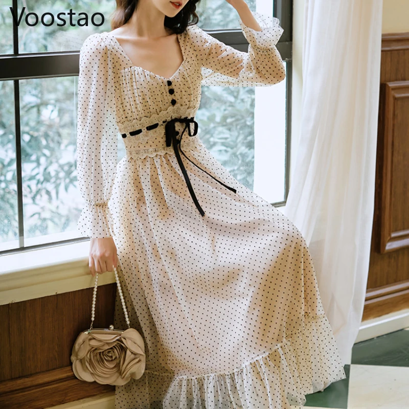 French Vintage Sweet Dress Women Chic Wave Point Print Bandage Lace Slim Party Dresses Ladies Elegant Long Sleeve Chiffon Dress
French Vintage Sweet Dress Women Chic Wave Point Print Bandage Lace Slim Party Dresses Ladies Elegant Long Sleeve Chiffon Dress