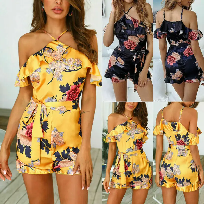 Hirigin Floral Print Satin Playsuit Women Summer Sexy Off Shoulder Halter Sleeveless Ruffle Jumpsuit Beach Work Overalls Shorts | Женская