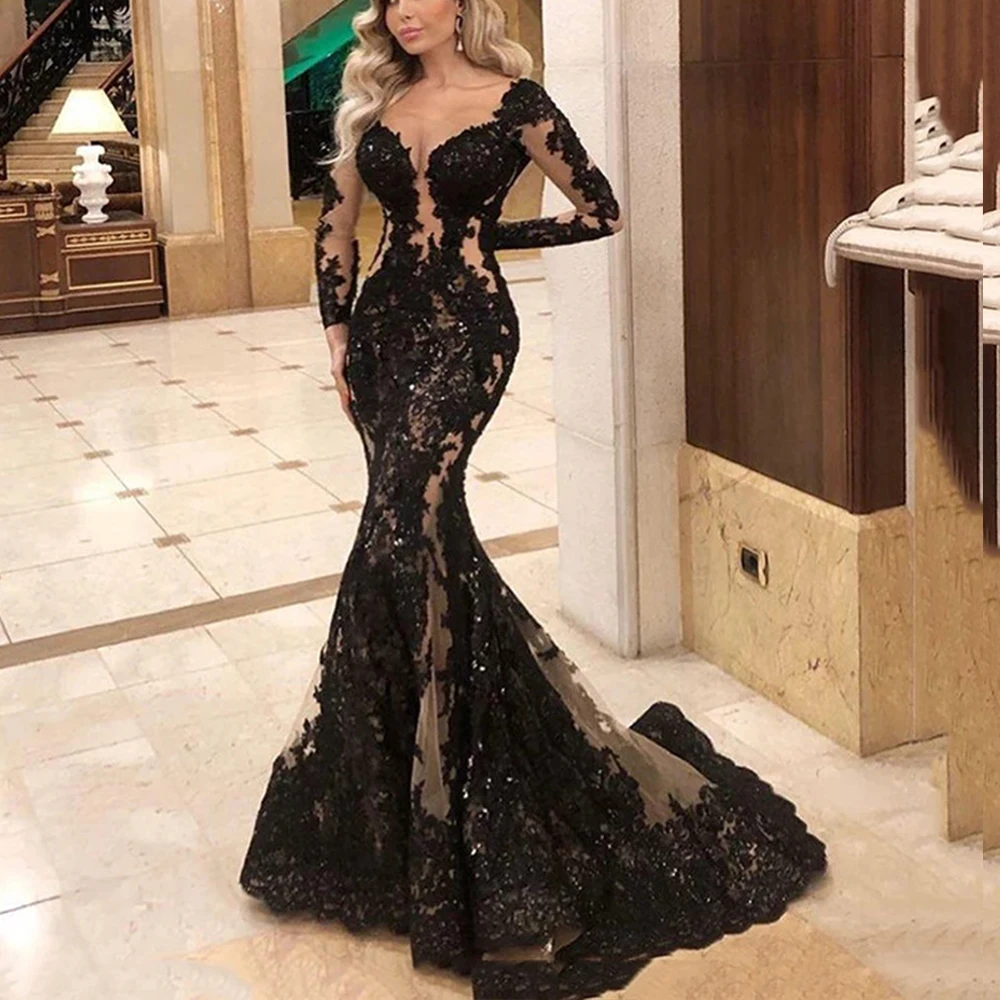 Spring Champagnes Tulle Black Mermaid Prom Dress Plus Size Full Sleeves Appliques Beaded Sweep Train Formal Evening Dresses 2022
Spring Champagnes Tulle Black Mermaid Prom Dress Plus Size Full Sleeves Appliques Beaded Sweep Train Formal Evening Dresses 2022