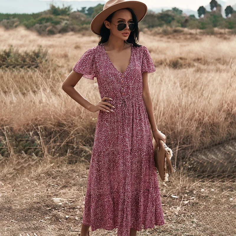 Uefezo 2021 New Retro Maxi Dress Women Summer Short Sleeve V neck High waist Dress Floral Print Boho Beach Long Dress
Uefezo 2021 New Retro Maxi Dress Women Summer Short Sleeve V neck High waist Dress Floral Print Boho Beach Long Dress