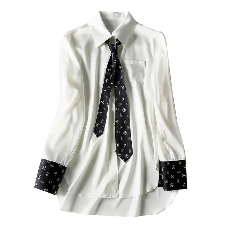 Women's Shirt 100% Satin Silk 22M/M Spring 2021 OL Turn Down Collar Necktie Long Sleeved Patchwork Elegant High Quality Clothes
Women's Shirt 100% Satin Silk 22M/M Spring 2021 OL Turn Down Collar Necktie Long Sleeved Patchwork Elegant High Quality Clothes