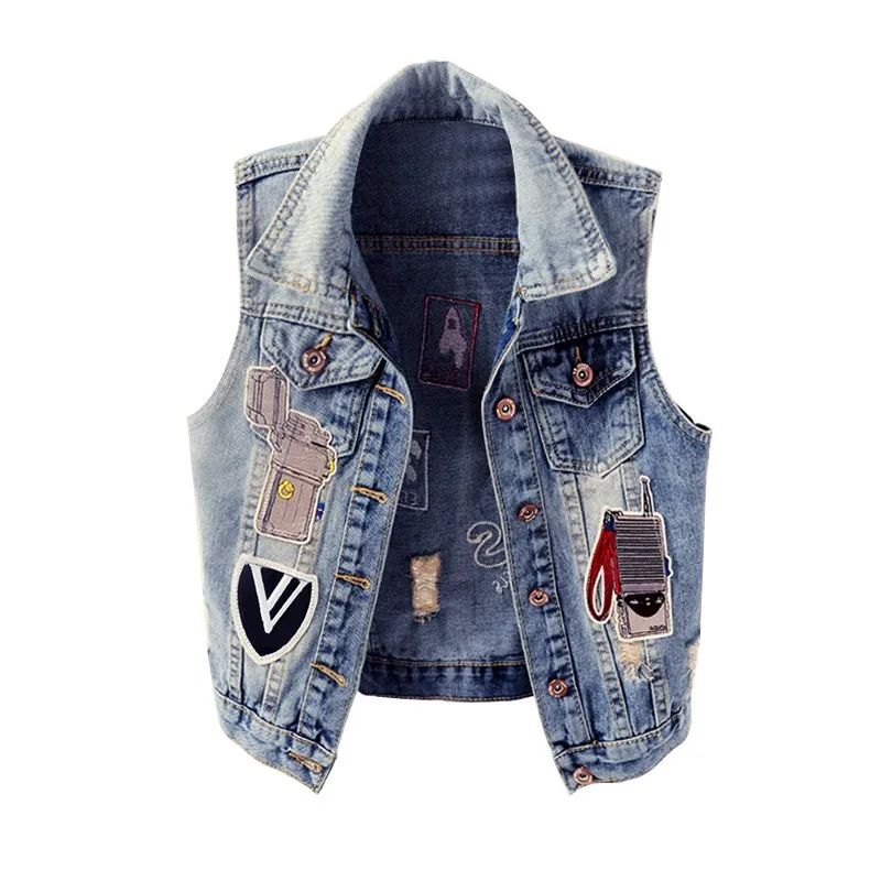 Women Casual Slim Fit Short Denim Sleeveless Jacket Spliced Hole Ripped Jean Vest Streetwear Tops Female Cowboy Waistcoat Vests 
Women Casual Slim Fit Short Denim Sleeveless Jacket Spliced Hole Ripped Jean Vest Streetwear Tops Female Cowboy Waistcoat Vests