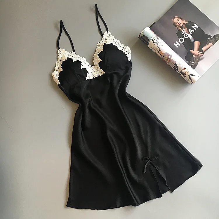 Summer New Blue V-neck Spaghetti Strap Nightdress Lace Flower Nightgown Bowknot Sleepwear Satin Sexy Home Dress M-XL | Женская одежда