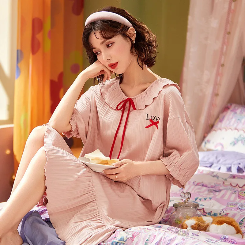 Doll Collar Student's Summer Sleepwear Dress Full Cotton Short Sleeve Nightgowns For Women Loose Large Size Lady Nightshirt
Doll Collar Student's Summer Sleepwear Dress Full Cotton Short Sleeve Nightgowns For Women Loose Large Size Lady Nightshirt